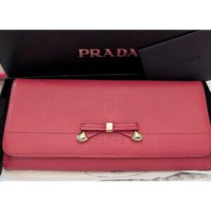 PRADA Ribbon Purse Peonia pink Safiano Women Wallet Box And Authentication Card